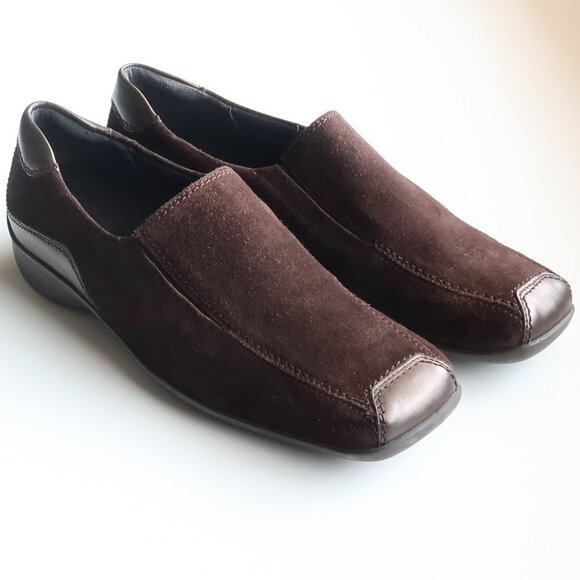 Theresia Brown Suede Square Toe Low Wedge Heel Slip On Comfort
